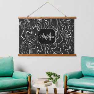 Abstracte zwarte grijze damascus zwemmen Monogram Hangend Wandkleed