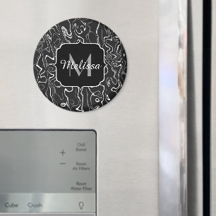 Abstracte zwarte grijze damascus zwemmen Monogram Magneet