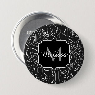 Abstracte zwarte grijze damascus zwemmen Monogram Ronde Button 7,6 Cm