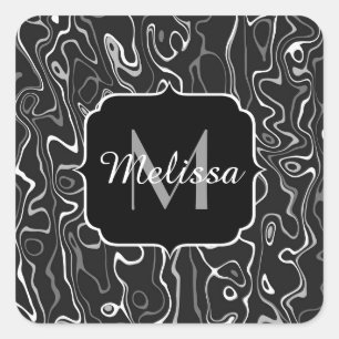 Abstracte zwarte grijze damascus zwemmen Monogram Vierkante Sticker