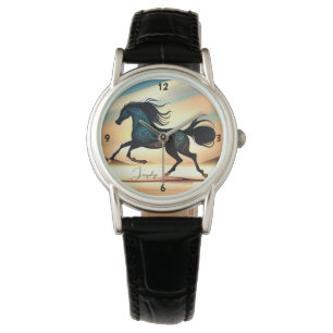 Abstracte zwarte hengst in woestijn horloge
