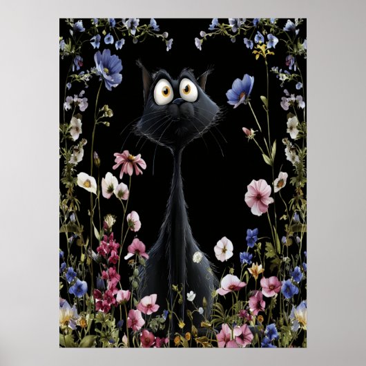 Abstracte Zwarte Kat Kleurrijke Wilde Bloemen Poster (Voorkant)