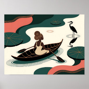 Abstracte zwarte vrouw peddelt in kano poster
