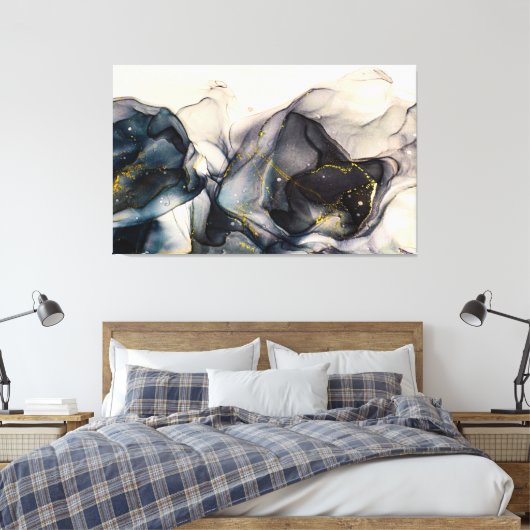 Abstracte zwarte, witte en goudalcoholinkt canvas afdruk (Insitu (Slaapkamer))