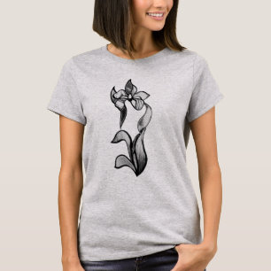 Abstracte zwarte witte snijbloemen op grijs t-shirt
