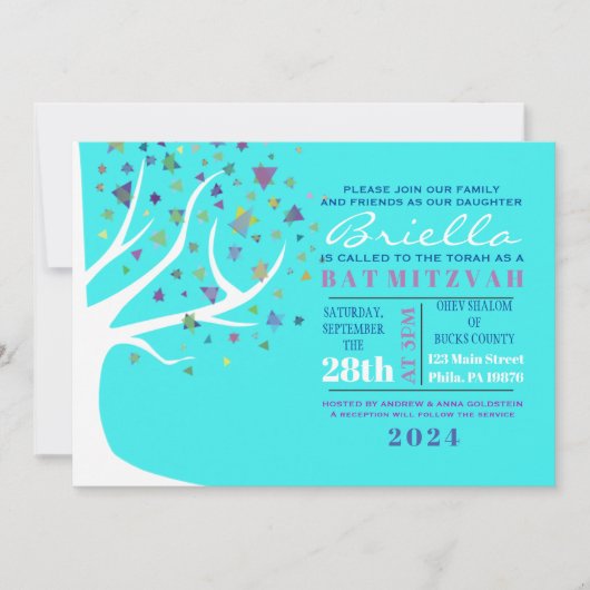 Abstrait Bat mitzvah Aqua Invitation de l'arbre de (Devant)