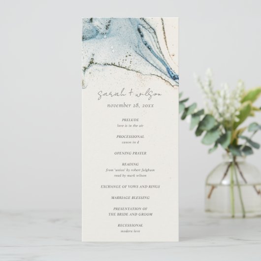 Abstrait Chic Blue Gold Beachy Wedding Programme (Debout devant)