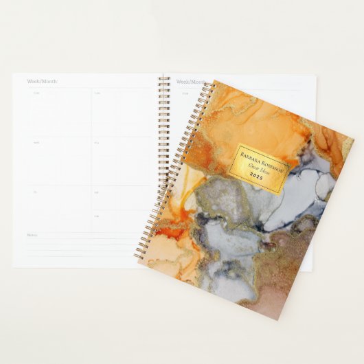 Abstrait Orange Black Gold Foil nommé Planner (Devant avec enveloppe)