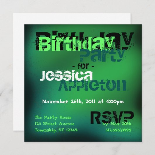 Abstrait vert et Turquoise Invitations d'anniversa (Devant / Derrière)
