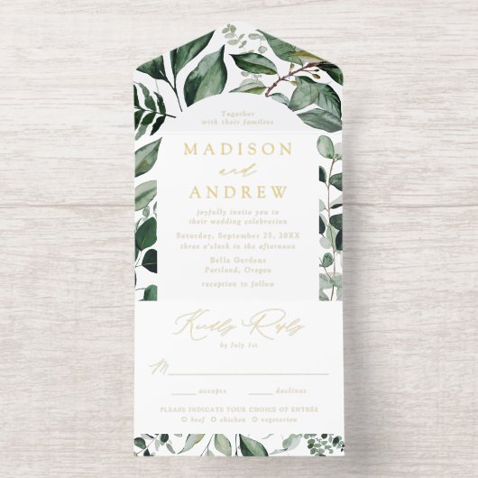 Abundant Greenery Arch Frame Foil Wedding All In One Uitnodiging (Binnenkant)