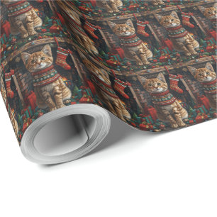 Abyssijnse kat met kerstcadeaus open haard cadeaupapier