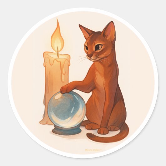 Abyssijnse kat met zilveren kristallen bol ronde sticker (Voorkant)