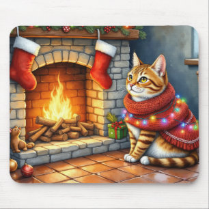 Abyssijnse kat zit bij open haard met Kerstmis Muismat