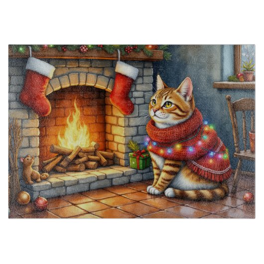 Abyssinian Cat Sitting by Fireplace with Christmas Snijplank (Voorkant)