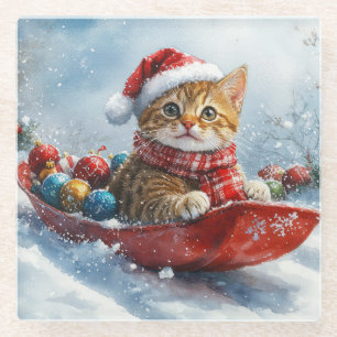 Abyssinian kat in slee Let it Snow Kerstmis Glazen Onderzetter