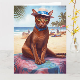 Abyssische kat op strand, zomercadeau voor kattenl kaart