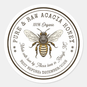 Acacia honing inmaaksticker met vintage bij ronde sticker