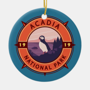 Acadia National Park Puffin Retro Compass Embleem Keramisch Ornament