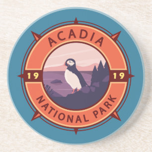 Acadia National Park Puffin Retro Compass Embleem Zandsteen Onderzetter