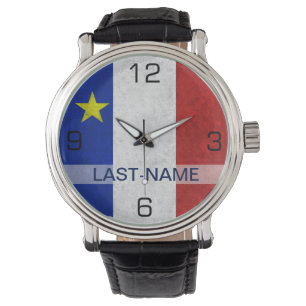 Acadian Flag Surname Distress Grunge personaliseer Horloge