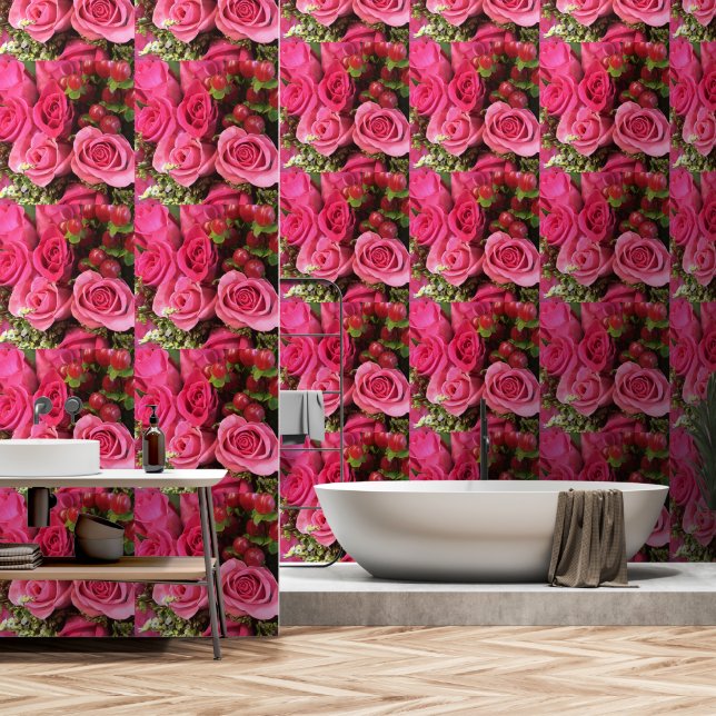 Accents de mur imprimés à l'image de rose rose  (Salle de bain)