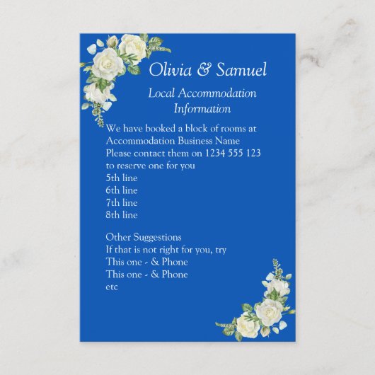 Accommodatie-informatie - Cobalt Blue & White Rose Informatiekaartje (Voorkant)