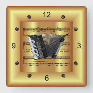 Accordion ~ Curved Sheet Music ~ Gold Background Vierkante Klok