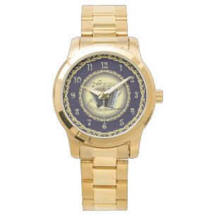 Accordion ~ Musical Scroll ~ Gold/Navy Blue ~ Watc Horloge