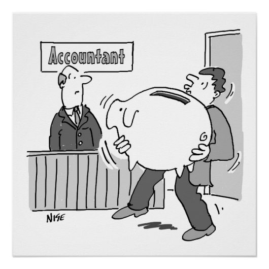 Accountant client met gigantische spaarbank perfect poster (Voorkant)