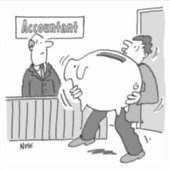 Accountant client met gigantische spaarbank sticker (Voorkant)