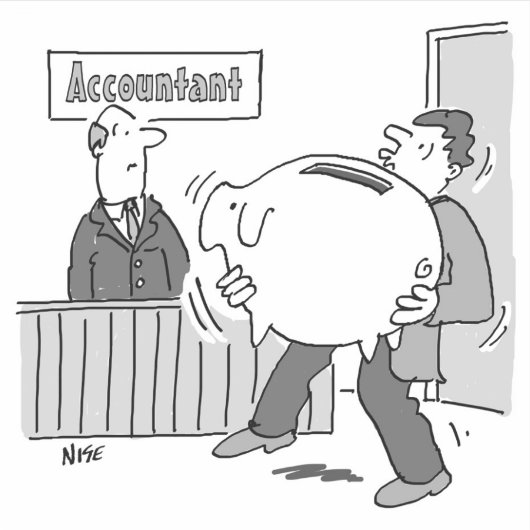 Accountant client met gigantische spaarbank sticker (Voorkant)