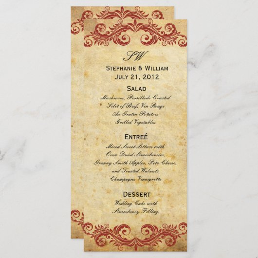 Accueil Mariage vintage Burgundy Swirl Menu (Devant / Derrière)