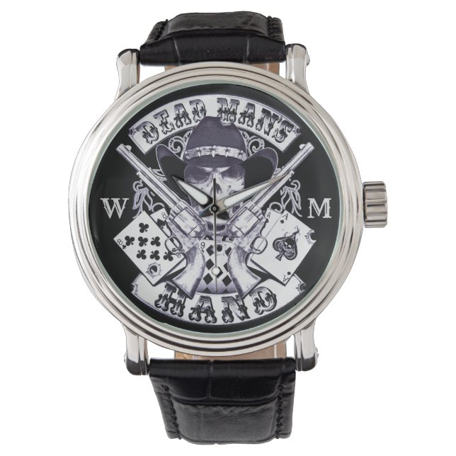 Aces and Eights Cowboy Skull Monogram Horloge (Voorkant)