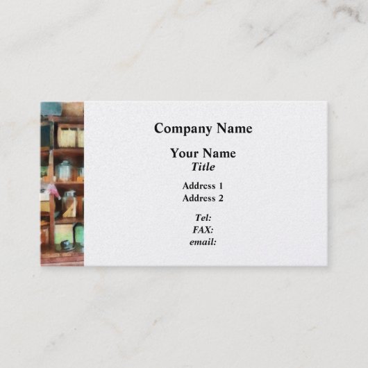 Achter de Teller bij de Algemene Opslag Visitekaartje (Voorkant)