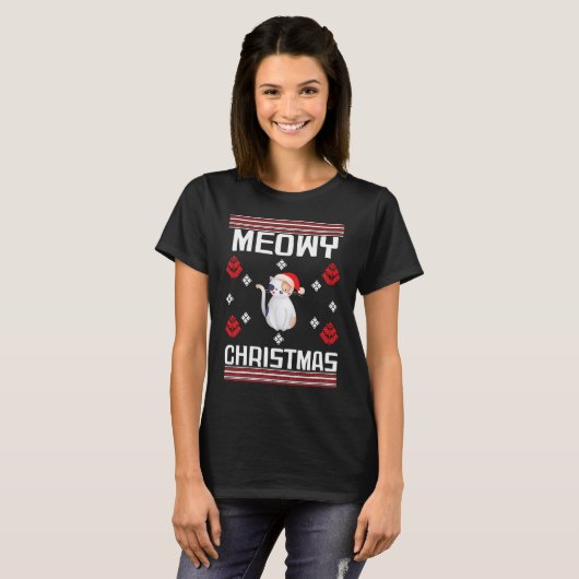 Achterafdruk Meowy kerstkat en Katten Kerstmis T-shirt (Voorkant volledig)