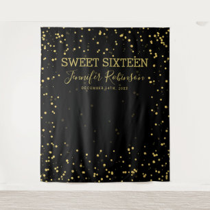 Achtergrond Banner Sweet 16 Goud & Zwarte Glitter Wandkleed