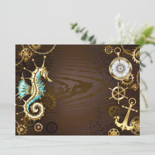 Achtergrond van hout met mechanische zeepaardjes aankondiging (Staand voorkant)