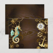 Achtergrond van hout met mechanische zeepaardjes advieskaart (Voorkant / Achterkant)