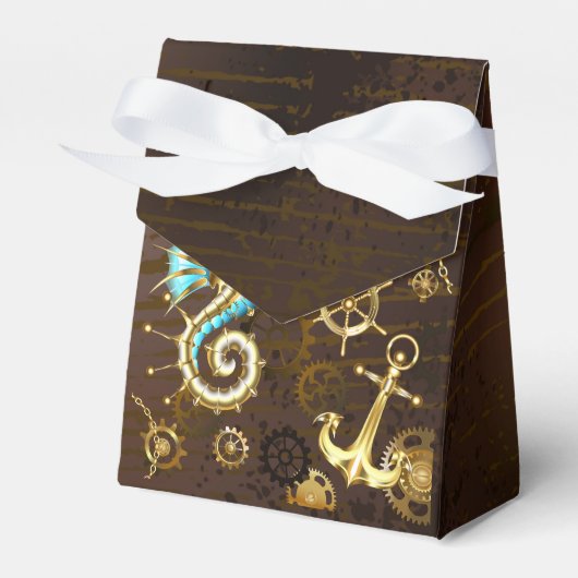 Achtergrond van hout met mechanische zeepaardjes bedankdoosjes (Voorkant Zijde)