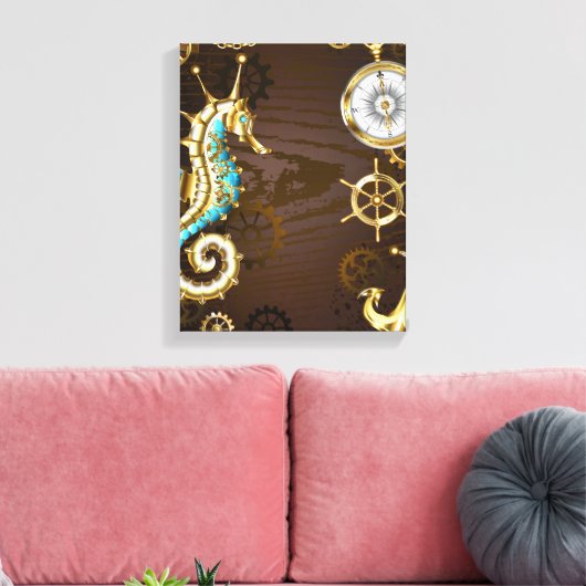 Achtergrond van hout met mechanische zeepaardjes canvas afdruk (Insitu (Woonkamer))