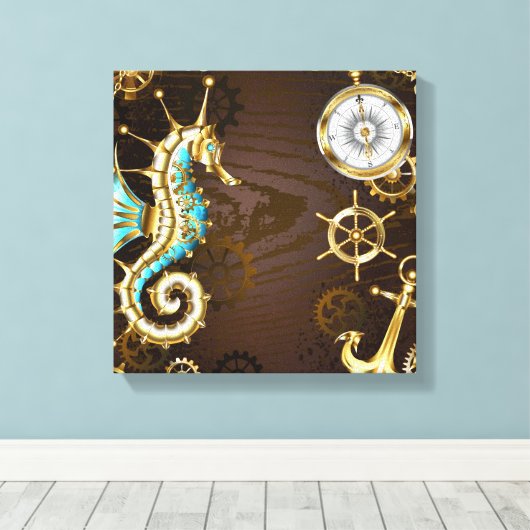 Achtergrond van hout met mechanische zeepaardjes canvas afdruk (Insitu (Houten vloer))