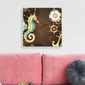 Achtergrond van hout met mechanische zeepaardjes canvas afdruk (Insitu (Woonkamer))