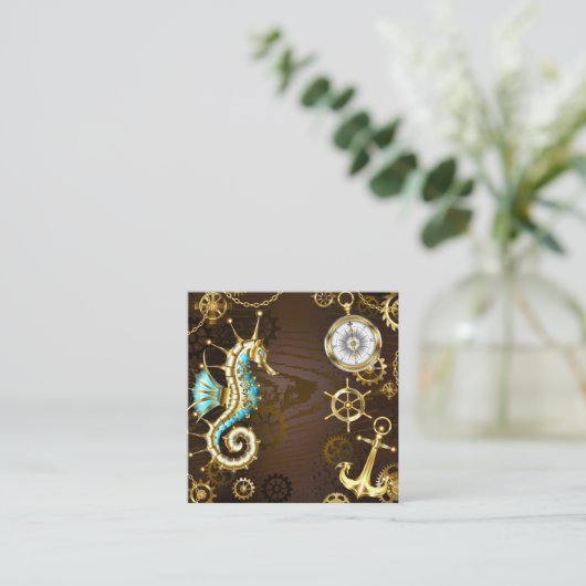 Achtergrond van hout met mechanische zeepaardjes contactkaartje (Staand voorkant)