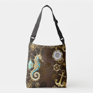 Achtergrond van hout met mechanische zeepaardjes crossbody tas
