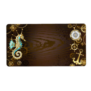 Achtergrond van hout met mechanische zeepaardjes etiket