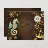 Achtergrond van hout met mechanische zeepaardjes feestdagenkaart (Voorkant / Achterkant)