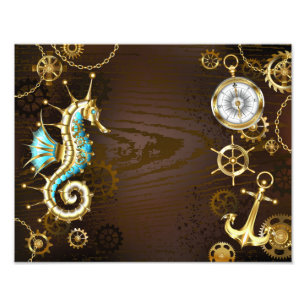 Achtergrond van hout met mechanische zeepaardjes foto afdruk