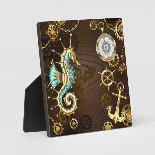 Achtergrond van hout met mechanische zeepaardjes fotoplaat (Voorkant)