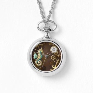 Achtergrond van hout met mechanische zeepaardjes horloge
