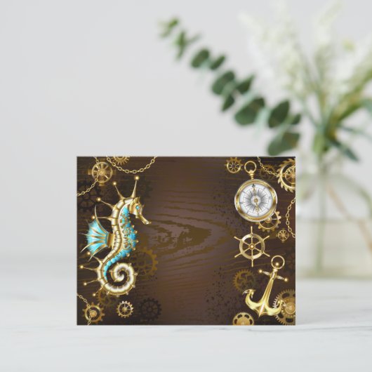 Achtergrond van hout met mechanische zeepaardjes informatiekaartje (Staand voorkant)